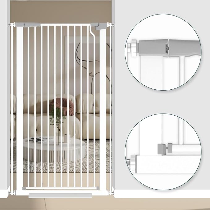 51.18" Tall Extra Tall Pet Gate Dog Door, Auto Close Safety Gates for Kitchen Living Room Doorways Hallway,Indoor Pet Gates for Dogs or Cats(Black) (White, 29.6-48.4")