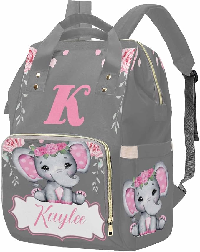 M YESCUSTOM Diaper Bags for Women Personalized Pink Flower Bag with Name Letter Custom Waterproof Large Capacity Travel Daypack Grey