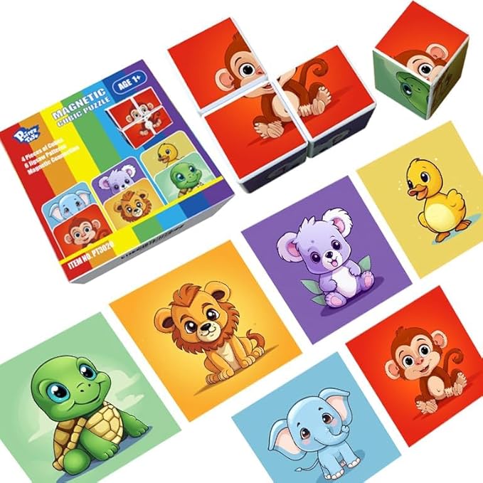 Pairez Toys 3D Magnetic Cubic Jigsaw Puzzle Toys for Toddlers, Large Building Blocks Cubes 1.65 Inches, Integrated with Magnets, 6 Patterns in Animal Theme