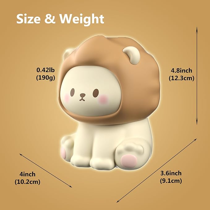 Lion Kids Night Light, Rechargeable Silicone Toddler Night Light with Tap Control, Soft Anti-Glare LED Nursery Lamp, 1200mAh Portable Bedside Lamp for Baby Room Decor