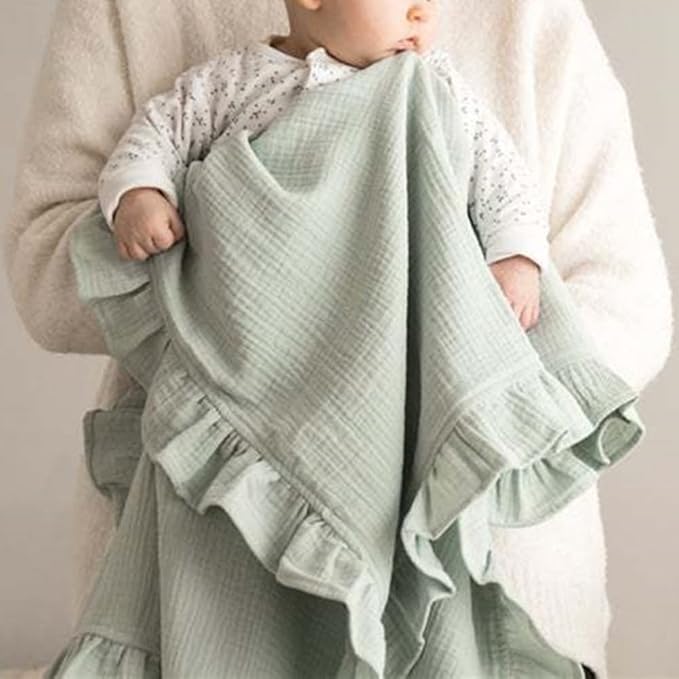 Newborn Baby Blanket, Toddler Blanket, 100% Cotton 4 Layers Soft Swaddling Receiving Blanket with Ruffle, Breathable and Lightweight Blanket, 34 x 26 inch
