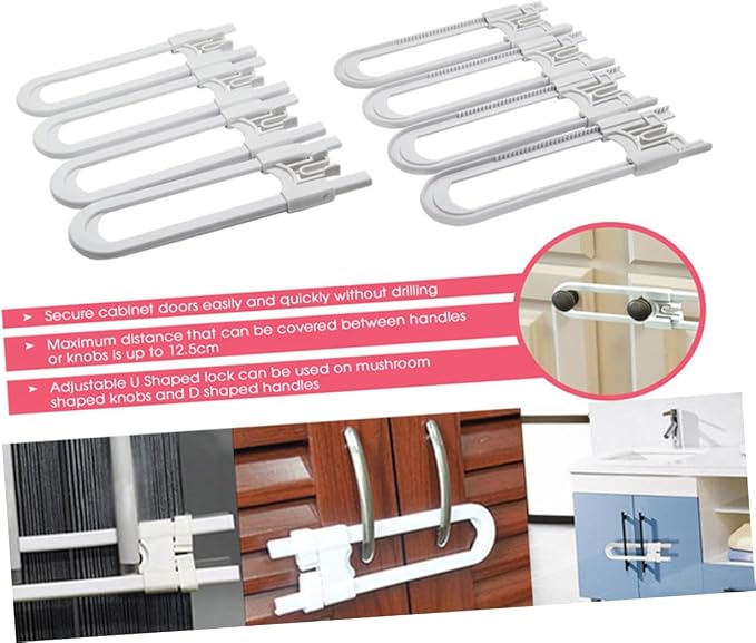ERINGOGO Child-proof Cabinet Latches 4 Pack No Tools Required U-shaped Locks for Kitchen Closet and Drawer