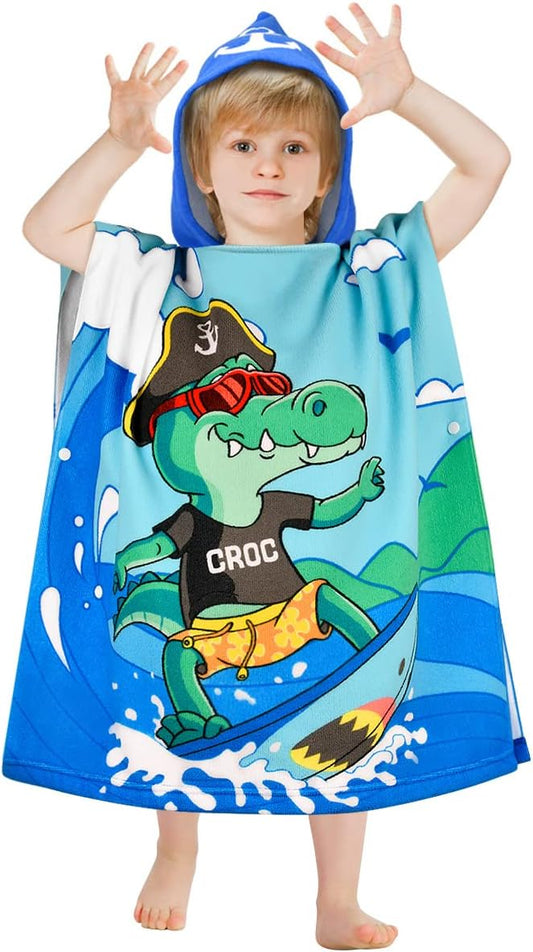 HUANLANG Kids Hooded Beach Poncho for Boys & Girls, Super Soft & Absorbent Cotton Towel, Childrens Crocodile Beach Towel for Toddler 0-7 Years Old