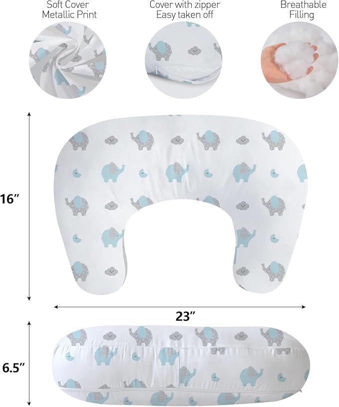 Little Grape Land Ergonomic Nursing Pillow,New Breastfeeding Pillows Support for Mom and Baby,Breathable and Soft with Cute Washable Cover, Multi-Use Feeding Pillow for 0–12 Months, Blue Elephant