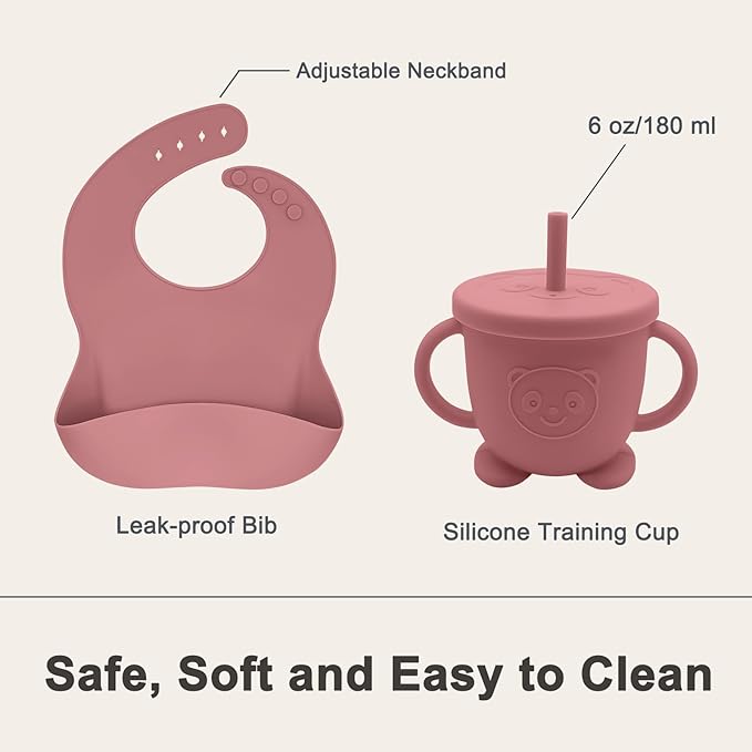 Silicone Baby Feeding Set | Baby Led Weaning Supplies Includes Suction Bowls and Divided Plates, Adjustable Bib, Baby Utensils Spoons and Forks,Cup | Baby Feeding Essentials (Red)