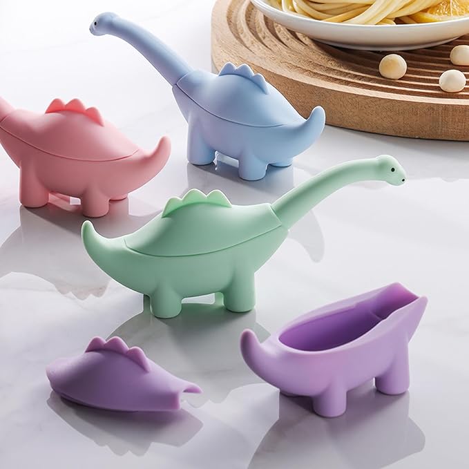 Baby Toddler Fork and Spoon Utensil Set, 4 Pack, Green Dinosaur | Silicone, Stainless Steel, Dinosaur