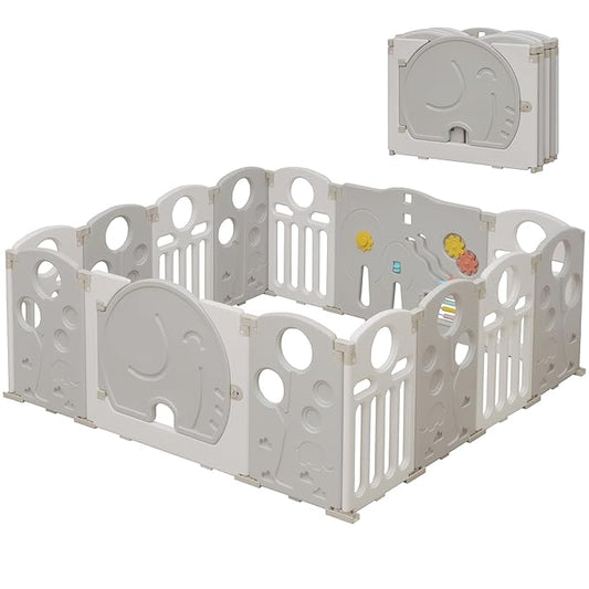 Baby Playpen, 14-Panel Foldable Play Pen for Babies and Toddlers, Indoor Outdoor Baby Fence with Sensory Play Panel, Adjustable Shape Activity Play Center, Portable & Easy Assemble