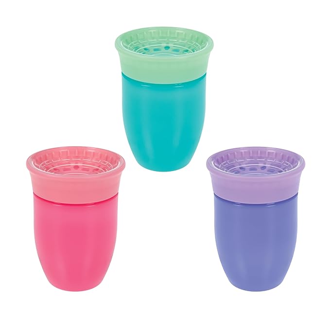 Nuby Wonder Cup - Spill-Proof Toddler Sippy Cups - (3 Pack) 7 oz - Sip from All Sides - Leak Resistant - Spoutless Transition Cup - Aqua/Purple/Pink