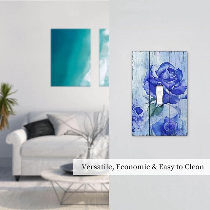 Blue Rose Flower Rustic Wood Plank Floral Decorative Light Switch Cover 1 Gang Single Toggle Device Electrical Faceplate Switchplates Decorator Outlet Wall Plate for Farmhouse Home Decor