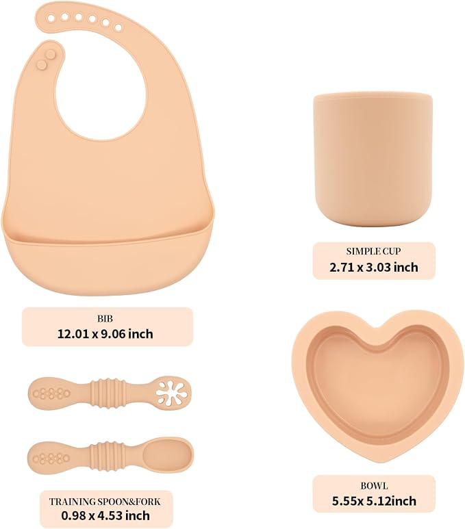 BabyX Silicone Baby Starter Kit, 5 Pieces First Feeding Set, Including Training Spoon, Fork, Cup, Bib and Heart Shaped Bowl (Peach), BPA-Free, Baby Utensils Supplies, Microwave/Dishwasher Safe