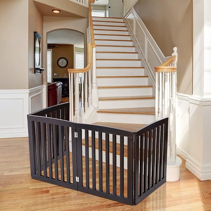 Nouva 24 Inch Pet Gate, 4 Panels Indoor Foldable Dog Fence, Dog Gate for Stairs Doorways, Hardwood Pet Gate, Freestanding Pet Fence, Brown