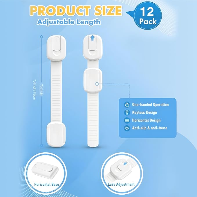 Cabinet Locks Baby Proofing 12-Pack – Child Proof Cabinet Locks & Door Locks for Kids Safety, Baby Proof Cabinet Latches with Strong 3M Adhesive, No Drill, Multi-Purpose for Drawers & Cupboards