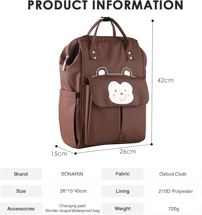 SONARIN Stylish Large Capacity Diaper Bag Backpack,Travel Nappy Changing Bag Mommy Bag with Changing Mat & Stroller Straps(Brown)