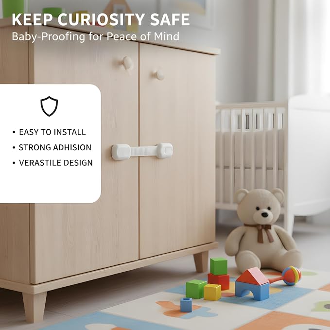 Cabinet Locks Baby Proofing 12-Pack – Child Proof Cabinet Locks & Door Locks for Kids Safety, Baby Proof Cabinet Latches with Strong 3M Adhesive, No Drill, Multi-Purpose for Drawers & Cupboards