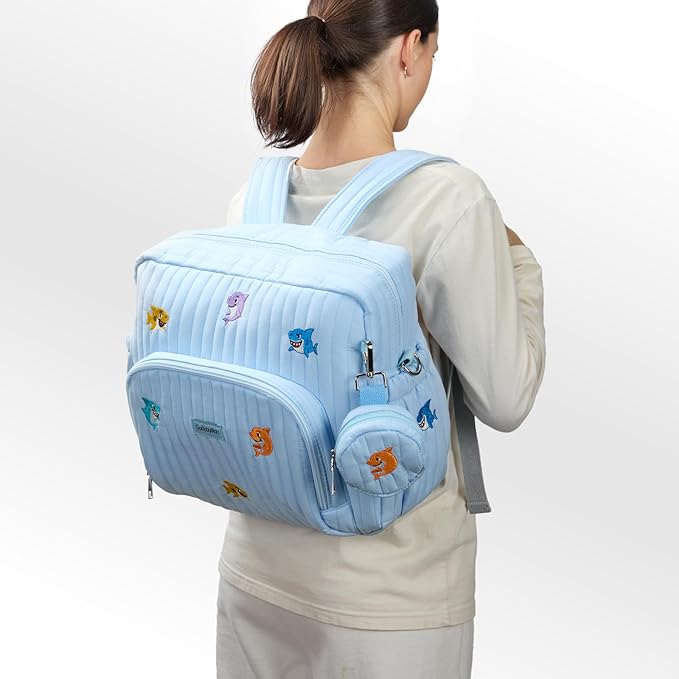 GOBABYMART Diaper Bag Backpack with Changing Pad - Travel Baby Bag, Insulated Bottle Pockets, Stroller Straps (Medium - Blue Sharks)