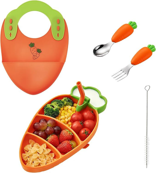 5-Piece Silicone Baby Feeding Set ??Baby Plates with Strong Suction, Toddler Plates Set, Unbreakable Food-Grade Silicone Divided Plate with Spoon, Fork, Bib & Straw Brush