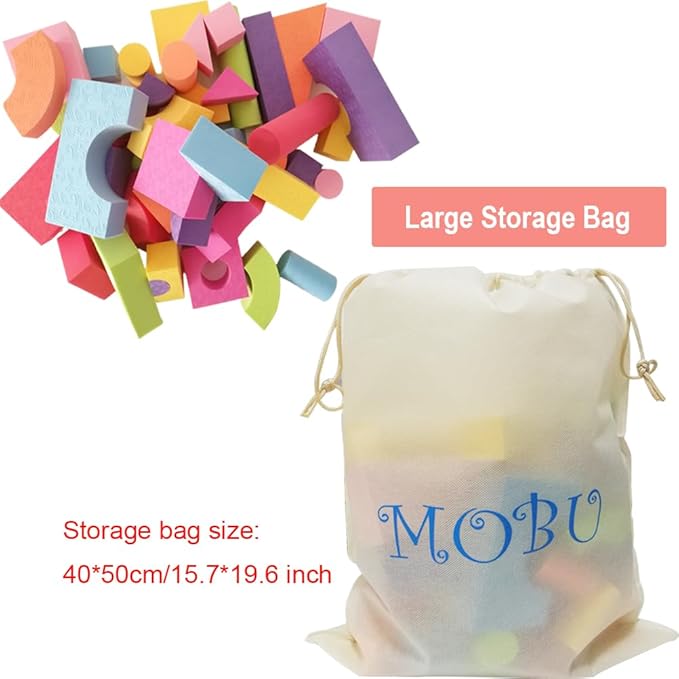 MOBU Foam Building Blocks for Toddlers 1-3, 50 PCS Educational Soft Building Blocks for Kids Playing Indoor Outdoor Bathroom Bathtub or Beach (Reusable Storage Bag)