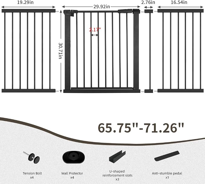 Extra Wide Dog Gate for Doorways Hallways 71.2"-76.7", 30 in Tall Baby Gates with Door No Drill, Auto Close Child Safety Gate for Pet Kid Doggie Cat Proof, Large Long Dog Barrier Indoor House, Black