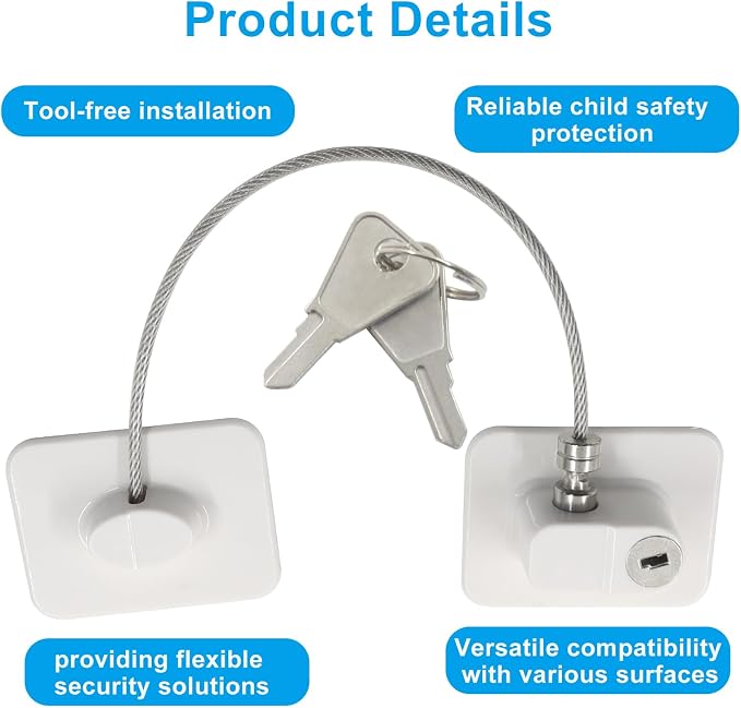 2 Pack Refrigerator Lock, Child Safety Locks with Keys, Easy Install Plastic Latches with Adhesive Backing, for Fridge, Cabinet, Drawer Childproofing, White