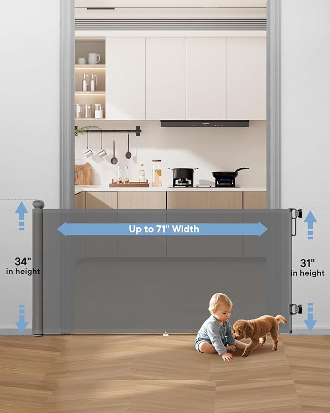 Retractable Baby Gate for Stairs ??34" Height, Expands up to 71" Width, Safety Gate for Infants, Toddlers, Dogs & Pets, Easy Install, Gray Puppy Gate for Indoor & Outdoor Use, Gray