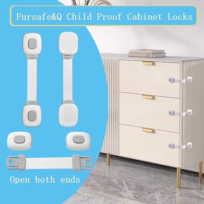 Fursafe&Q Baby Cabinet Locks, Child Safety Cabinet Proofing -Child Safety Strap Locks Adhesive Drawer Fridge Ovens Door Toilet Latches No Drill Multi-Purpose for Furniture Kitchen Lock (Grey, 2Pack)