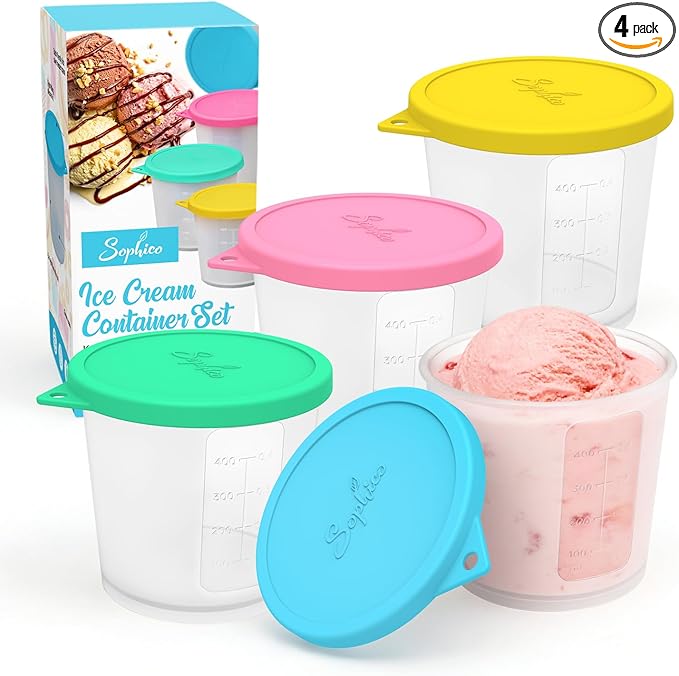 SOPHICO Ice Cream Pint Containers with Silicone Lids, Freezer Food Storage Tubs for Homemade IceCream, Meal Prep, Yogurt and Soup, Airtight & Dishwasher Safe (MEDIUM, 4 Pack)