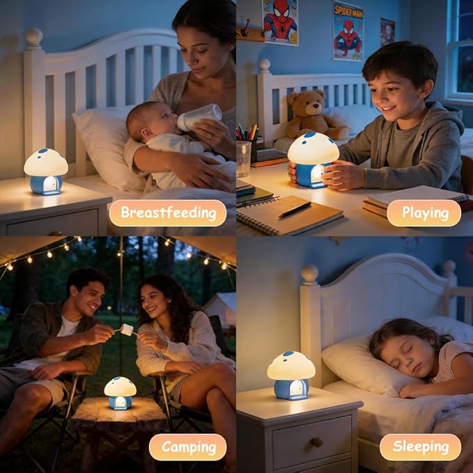 Kids Night Light, Mushroom Bunny Silicone Nursery Lamp, Tap Control 3-Level Dimmable, 30/60Min Timer, 1200mAh Rechargeable Cordless LED Bedside Sleep Light for Toddler Baby Bedroom (Blue)