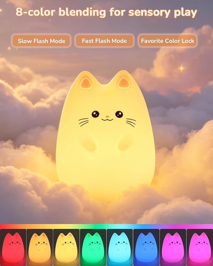Night Light for Kids, LED Cat Squishy Animal Lamp for Baby, Soft Silicone Dimmable Bedside Touch Light with Timer, Battery Rechargeable Nightlight Girls Gifts Cute Room Decor