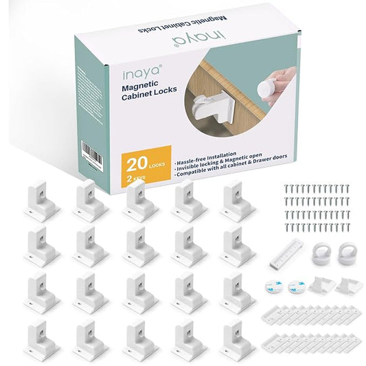 Inaya Magnetic Cabinet Locks Baby Proofing (20 Locks & 2 Keys), Child Safety Magnet Locks for Cabinets & Drawers with Invisible Design, 3M Adhesive for Easy Installation - No Drill & Tool Needed