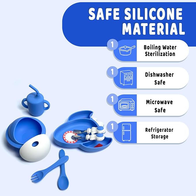 8 PCS Silicone Baby Feeding Set, Astronaut Theme, Spoons, Fork, Silicone Bibs, Baby Sippy Cups, Plate Bowl Set Baby Eating Essentials Led Weaning Toddler (Blue)
