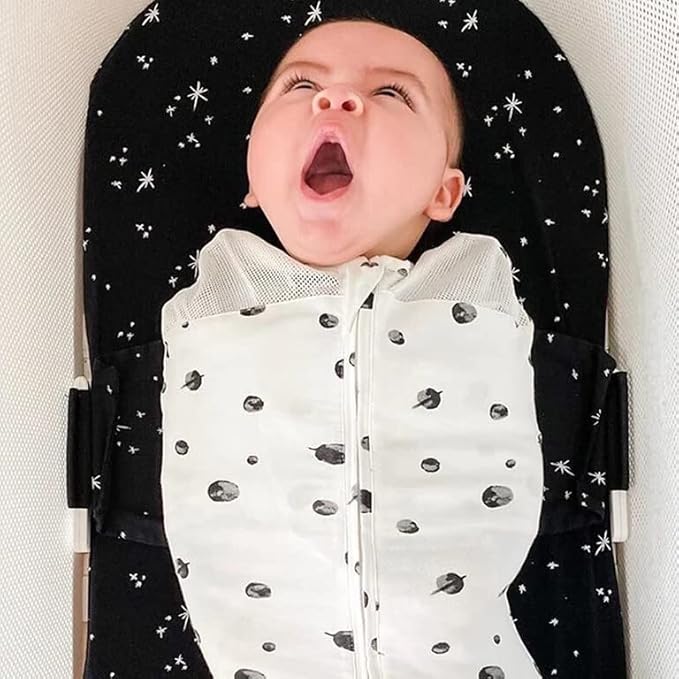 Happiest Baby SNOO Sleep Sack - 100% Organic Cotton Baby Swaddle Blanket - Doctor Designed Promotes Healthy Hip Development (Ivory Planets Black Wings, Small)