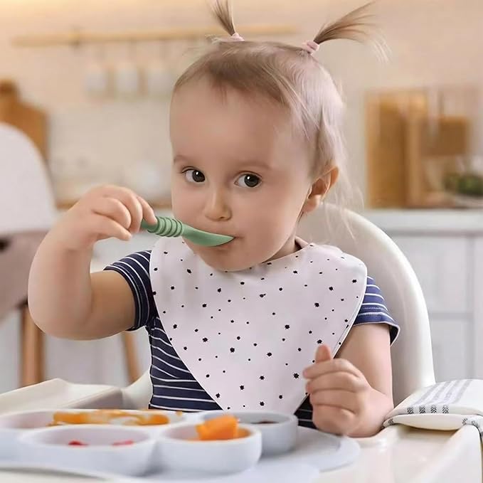 PandaEar 6 Pack Silicone Baby Spoons for Baby Led Weaning, First Stage Baby Toddler Self Feeding Utensils 6+ Months (Blue Green Beige)