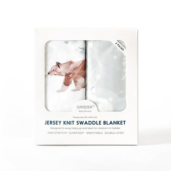 GRSSDER 2 Pack Super Soft Jersey Knit Swaddle Blankets for Baby Girls and Boys, Double Layer Reversible Receiving Blankets 34 x 44 Extra Large for Swaddling, Bear & Snow Wolf
