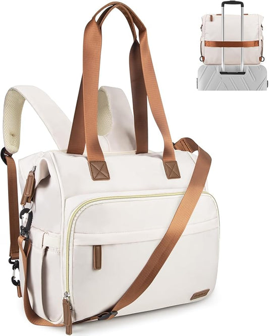 Pripher Diaper Bag Backpack Mommy Bag Large Capacity Diaper Backpack Travel Essential Baby Diaper Bag for Mom and Dad, White & Beige