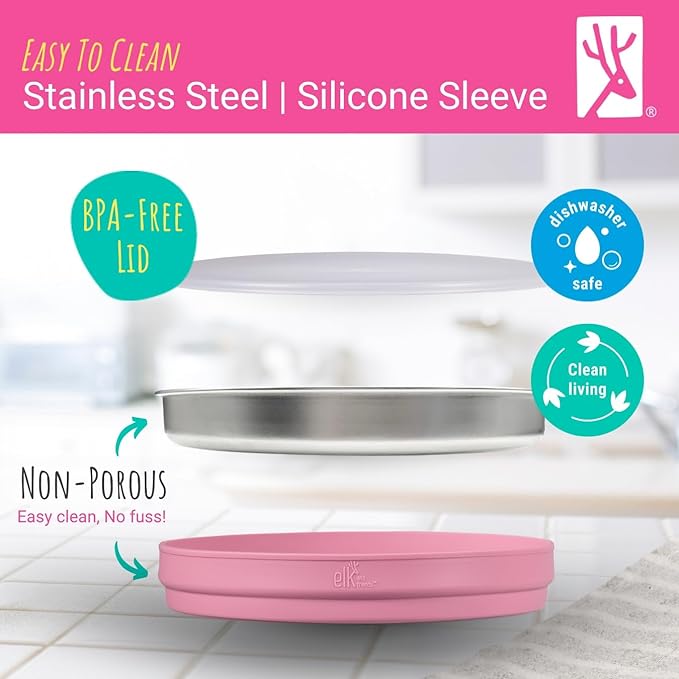 Elk and Friends Stainless Steel Divided Plates + Silicone Sleeve and Storage Lid | Baby, Toddler, Kids | Dinner & Snack Plates | 2 Pack