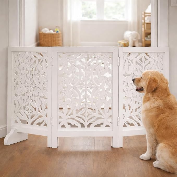 Free Standing Dog Gate – 3 Panel Foldable Wooden pet gate Indoor 54" W x 24" H, Hand-Carved Solid Wood & MDF, Portable Indoor Gate for Doorways, Halls, Stairs – Fully Assembled_ White Antique