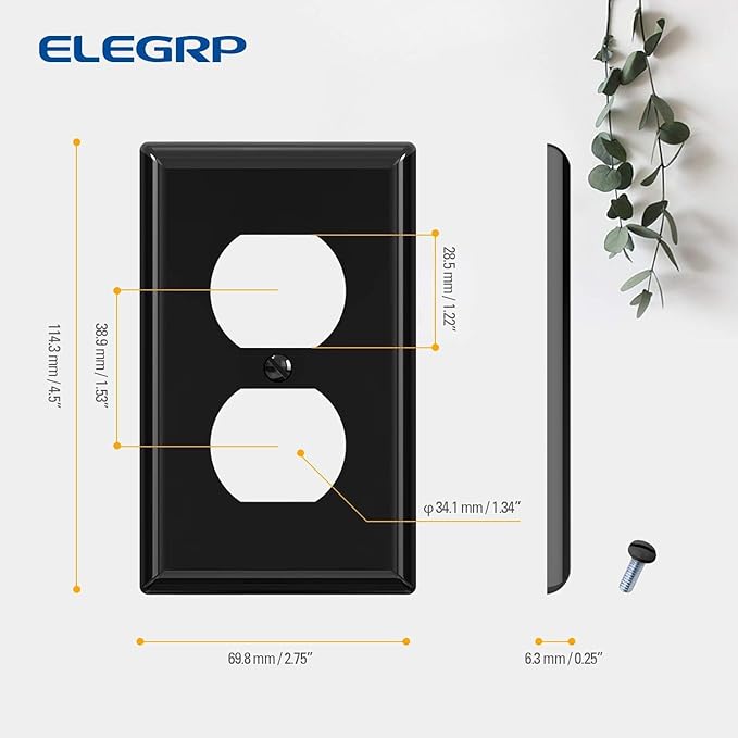 ELEGRP Duplex Receptacle Outlet Covers, 1-Gang Standard Size Wall Plates, Unbreakable Polycarbonate Dual Outlet Faceplates Covers, UL Listed, Color-matched Screws Included (2 Pack, Glossy Black)