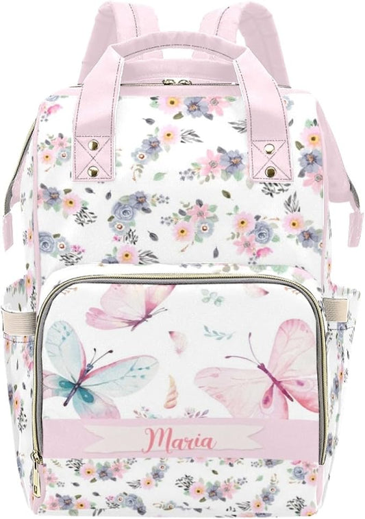Custom Diaper Bag Backpack with Name Personalized Floral Butterfly Nappy Bag for Mommy Mother's Day Gift Customized Adjustable Shoulders Nursing Bag Daypack