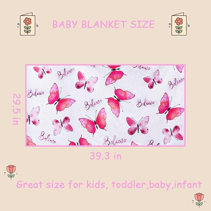Butterfly Baby Blanket for Girls, Believe Print Soft Toddler Minky Receiving Blanket with Double Layer Dotted Backing for Newborn Infant Nursery Stroller Crib 29.5 x 39.3 Inch