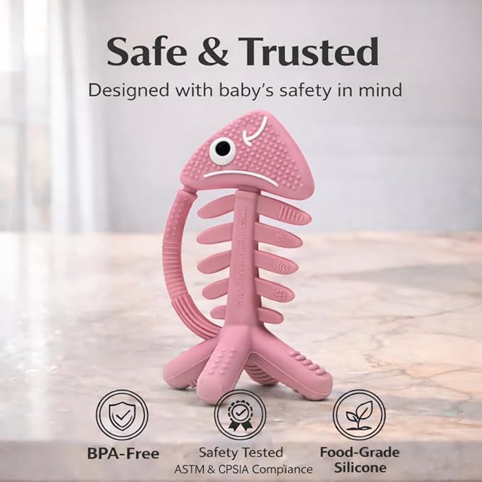 3 in 1 Infant Toys, Baby Teething Toys 3?? 6??2 Months, Teethers for Babies 0??????2 Months for Teething Relief, Baby Gift, Baby Teether Toys, Silicone Sensory Toys,USA Patent Pending, Fish-Rose Pink