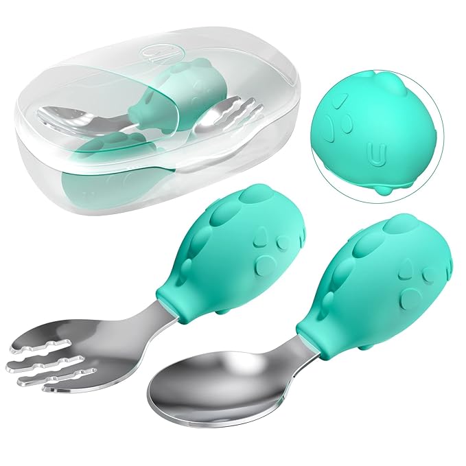 Deejoy Toddler Utensils - Stainless Steel Spoons and Forks, Kids Silverware Self Feeding Flatware Set with Travel Safe Case (Green)