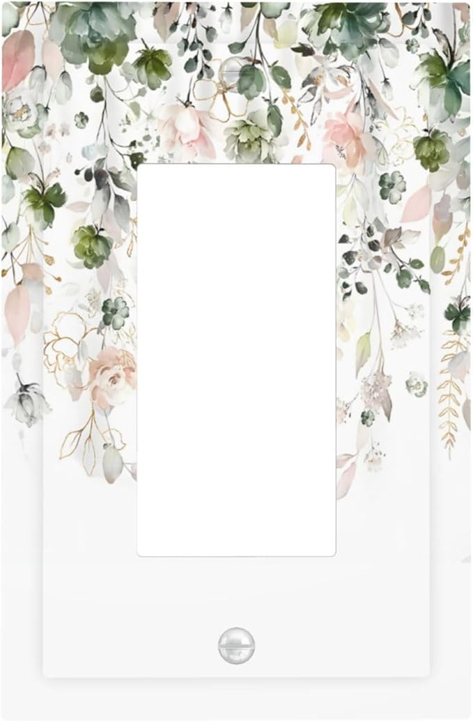 Green Pink Floral Flower Rustic Eucalyptus Leaves Wildflower Decorative Outlet Covers 1 Gang Single Rocker Light Switch Cover Plate Wall Plates GFCI Faceplate for Bedroom Living Room Decor