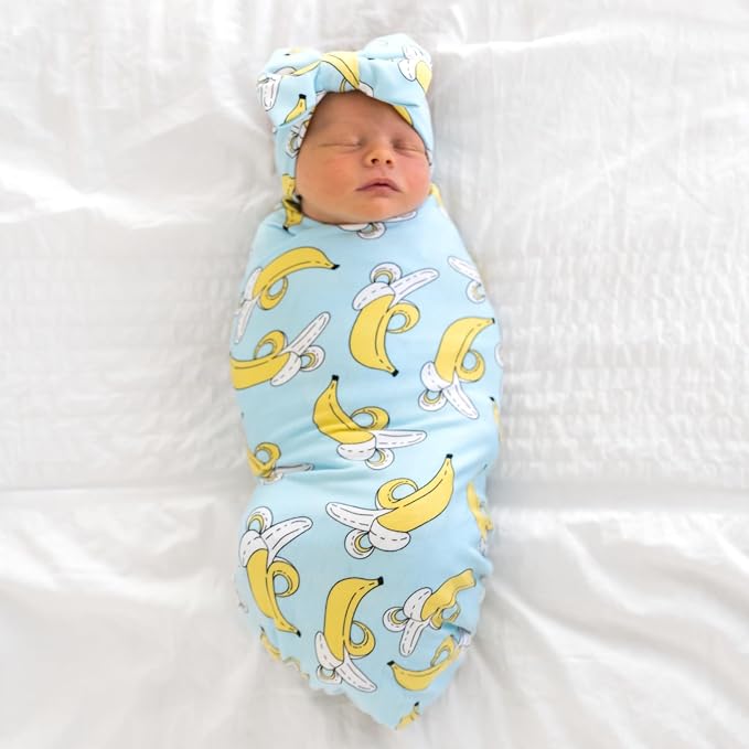 Little Sleepies Swaddle & Headband Bow Set, Viscose from Bamboo Baby Swaddles, Newborn Baby Girl Clothes (Bananas)