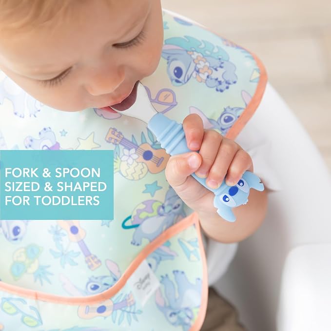 Bumkins Disney Stitch - Silicone Grip Dish, Fork & Spoon - For Ages 18 Months+ - Suction Base - 100% Food-Safe Silicone - Freezer, & Dishwasher Safe