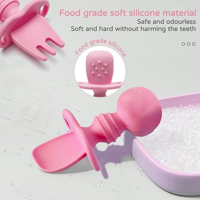 Silikong Silicone Utensils, Baby Fork and Spoon Set, Training Utensils, Baby Led Weaning Stage 1 for Ages 6 Months (Pink)