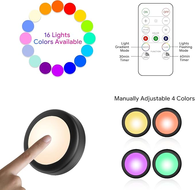 Yiliaw 12 Pack LED Puck Lights Remote Control 16 Color Changeable Under Cabinet Lights, Battery Operated Lights Night Light with Dimmer & Timmer for Closet Bedroom Kitchen, Black