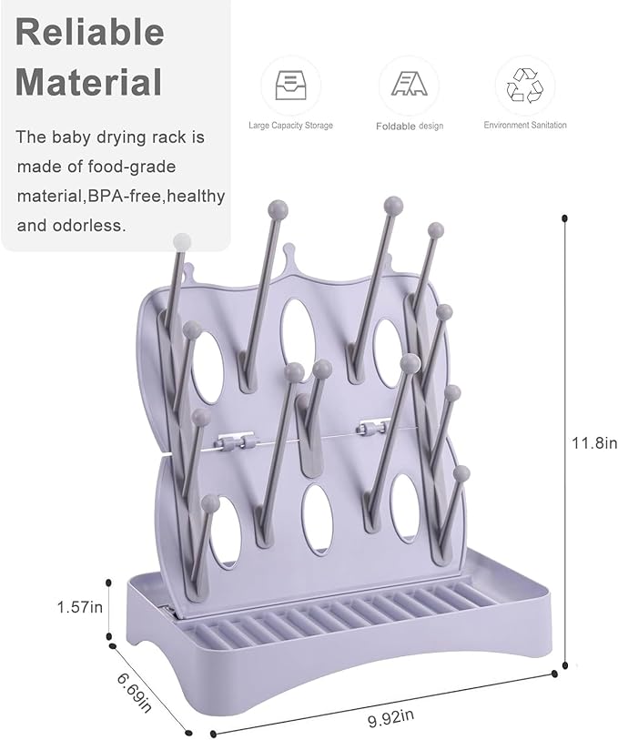 Bottle Drying Rack, Foldable & Space Saving Drying Rack for Baby Bottles, Pump Parts,Cups,Pacifiers, and Reusable Ziplock Dryer Rack(Grey Drying Rack)