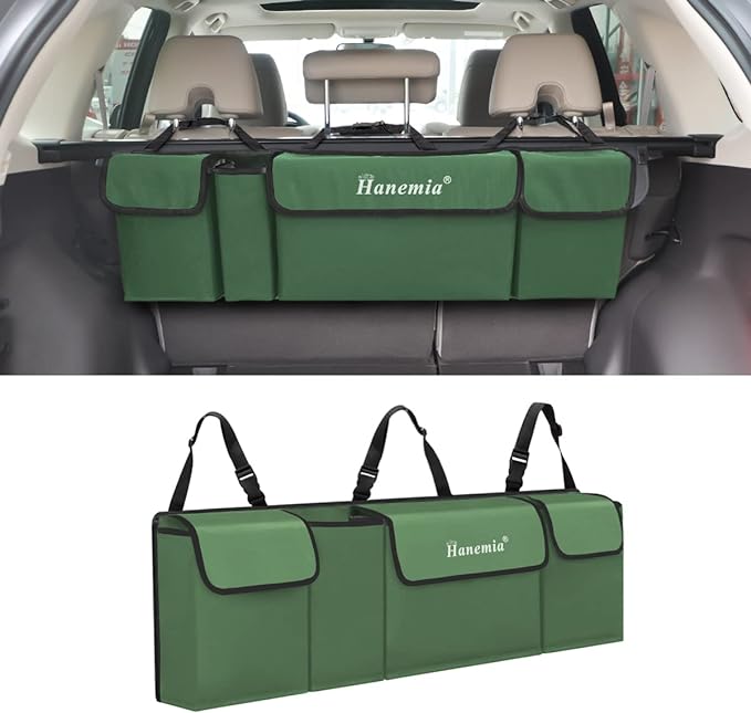 Car Trunk Organizer and Storage, Backseat Hanging Organizer for SUV, Truck, MPV, Waterproof, Collapsible Cargo Storage Bag with 4 Pockets, Car Accessories for Men and Women (Army Green)