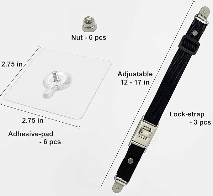 3 Pack Child Safety Strap Locks, Baby Proofing Multi Use Latches, Adhesive No Drill, Heavy Duty Adjustable Length Strap with Rotating Release Buckle, Black