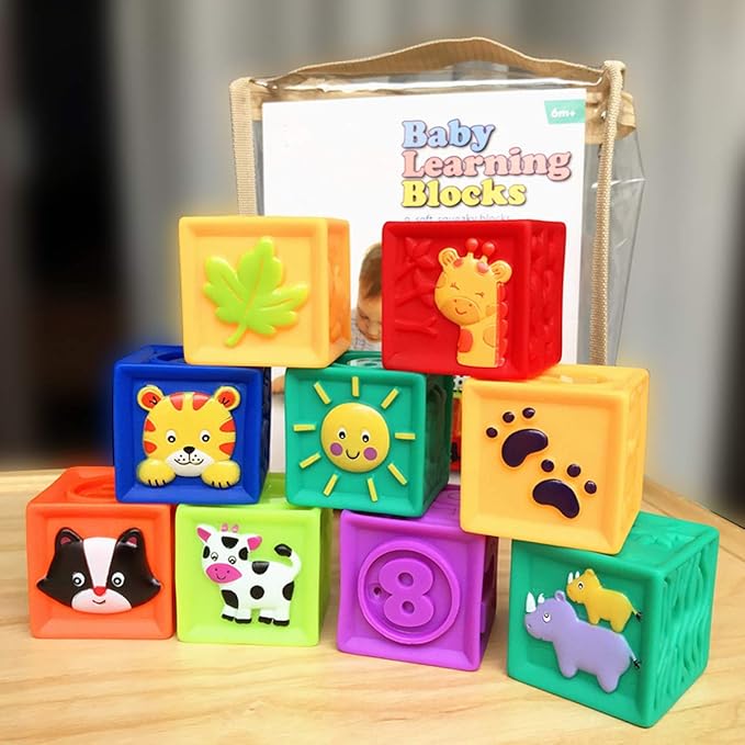Kingtree Baby Blocks, 9PCS Soft Squeeze Building Blocks Stacking Toys for 6+ Months Babies, Baby Teething Chewing Educational Blocks Set with Numbers Animals Shapes Textures